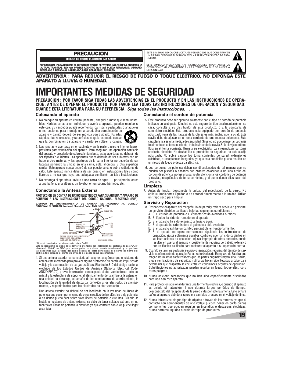 Importantes medidas de seguridad, Ppr re ec ca au uc ciio on n, Conectando la antena externa | Conectando el cordon de potencia, Limpieza, Servicio y reparación | Sanyo DS27224 User Manual | Page 19 / 47