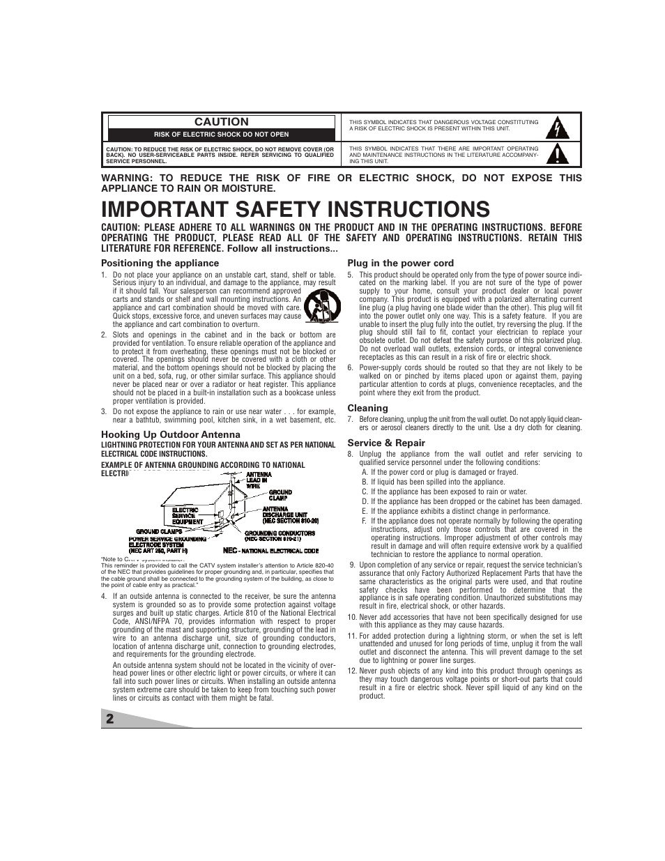 Important safety instructions | Sanyo DS27224 User Manual | Page 2 / 47