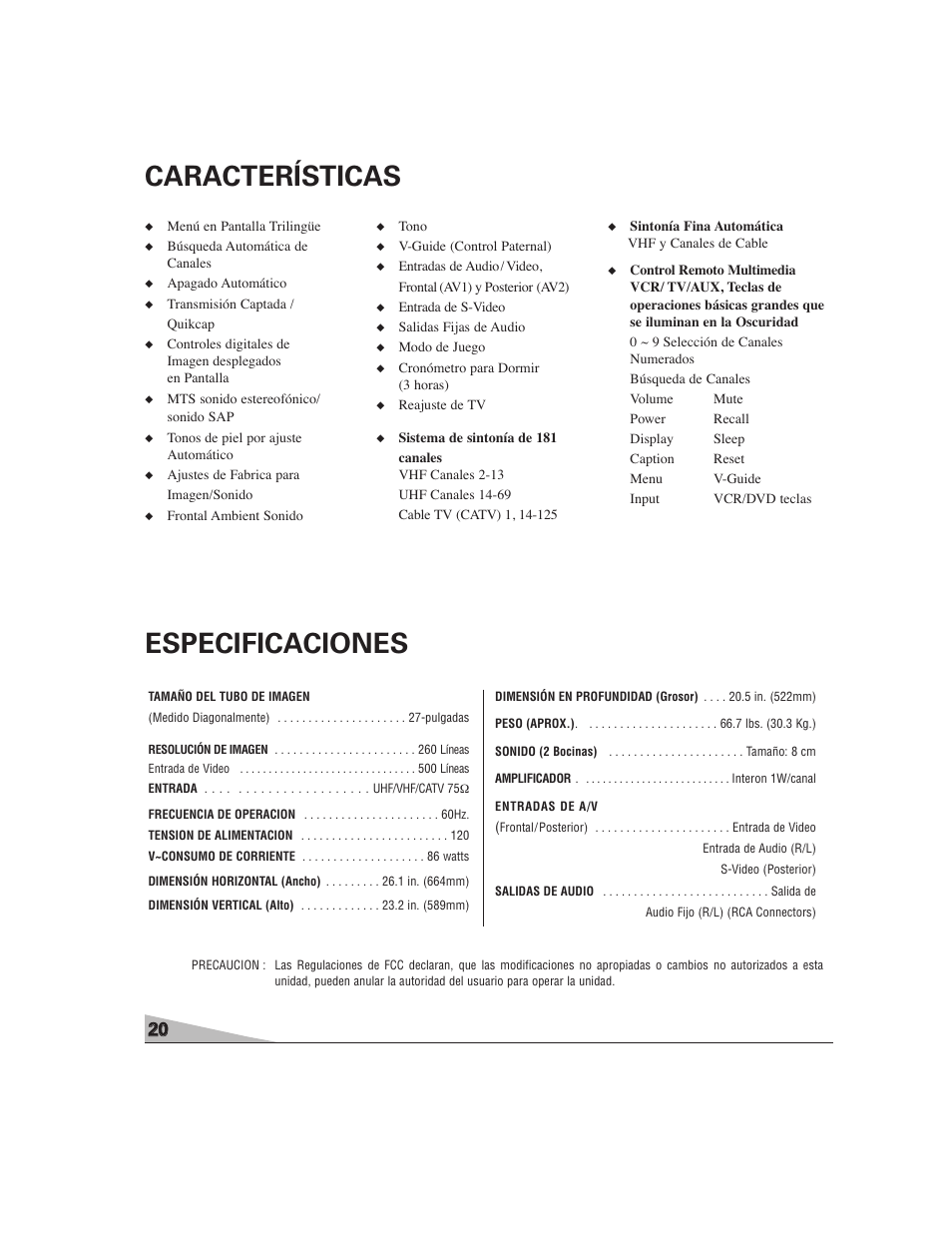 Características, Especificaciones | Sanyo DS27224 User Manual | Page 20 / 47