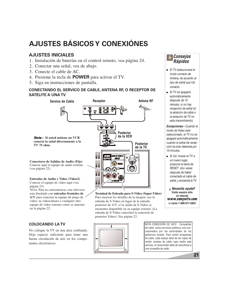 Ajustes básicos y conexiónes, Consejos rápidos | Sanyo DS27224 User Manual | Page 21 / 47