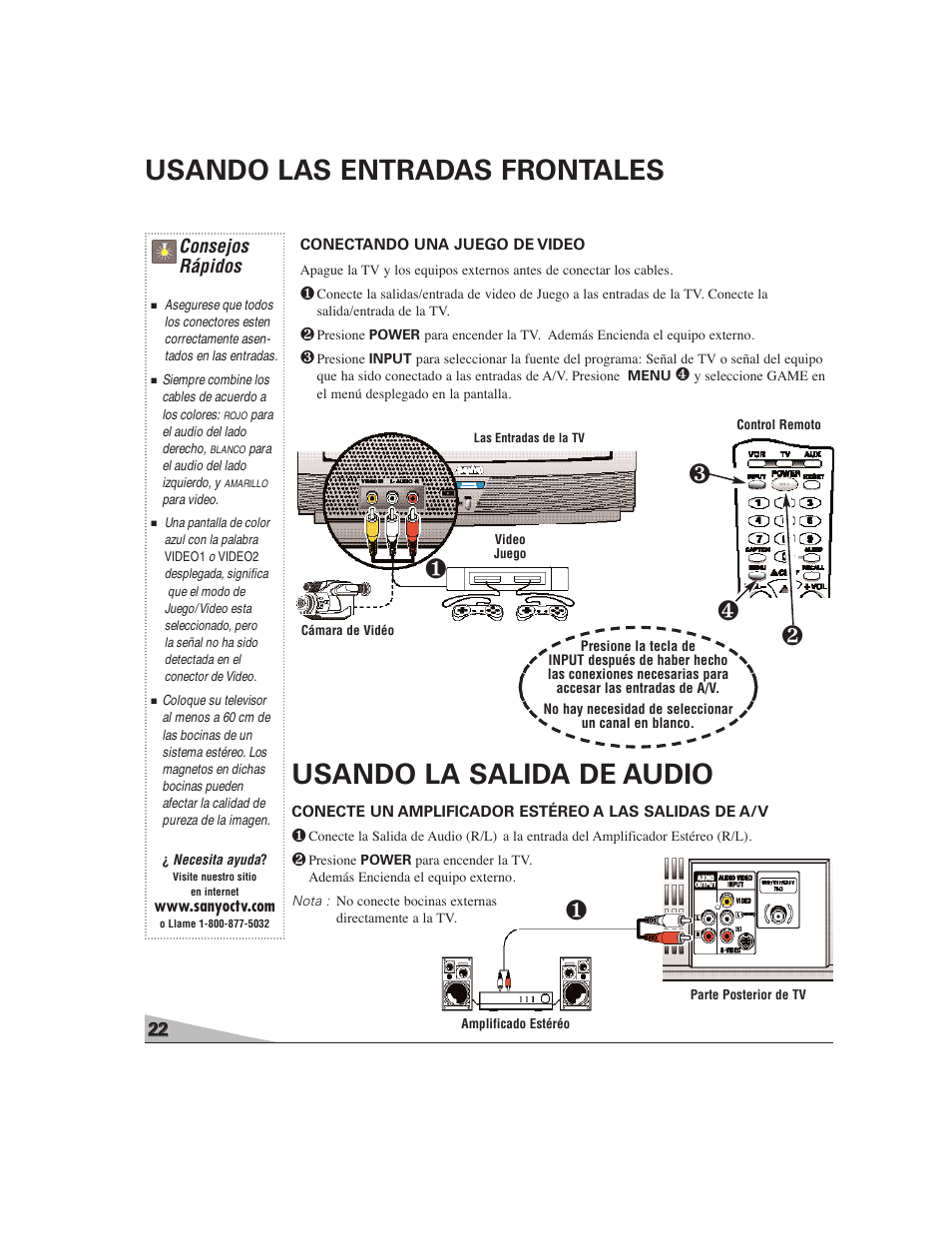 Usando las entradas frontales, Usando la salida de audio, Consejos rápidos | Sanyo DS27224 User Manual | Page 22 / 47