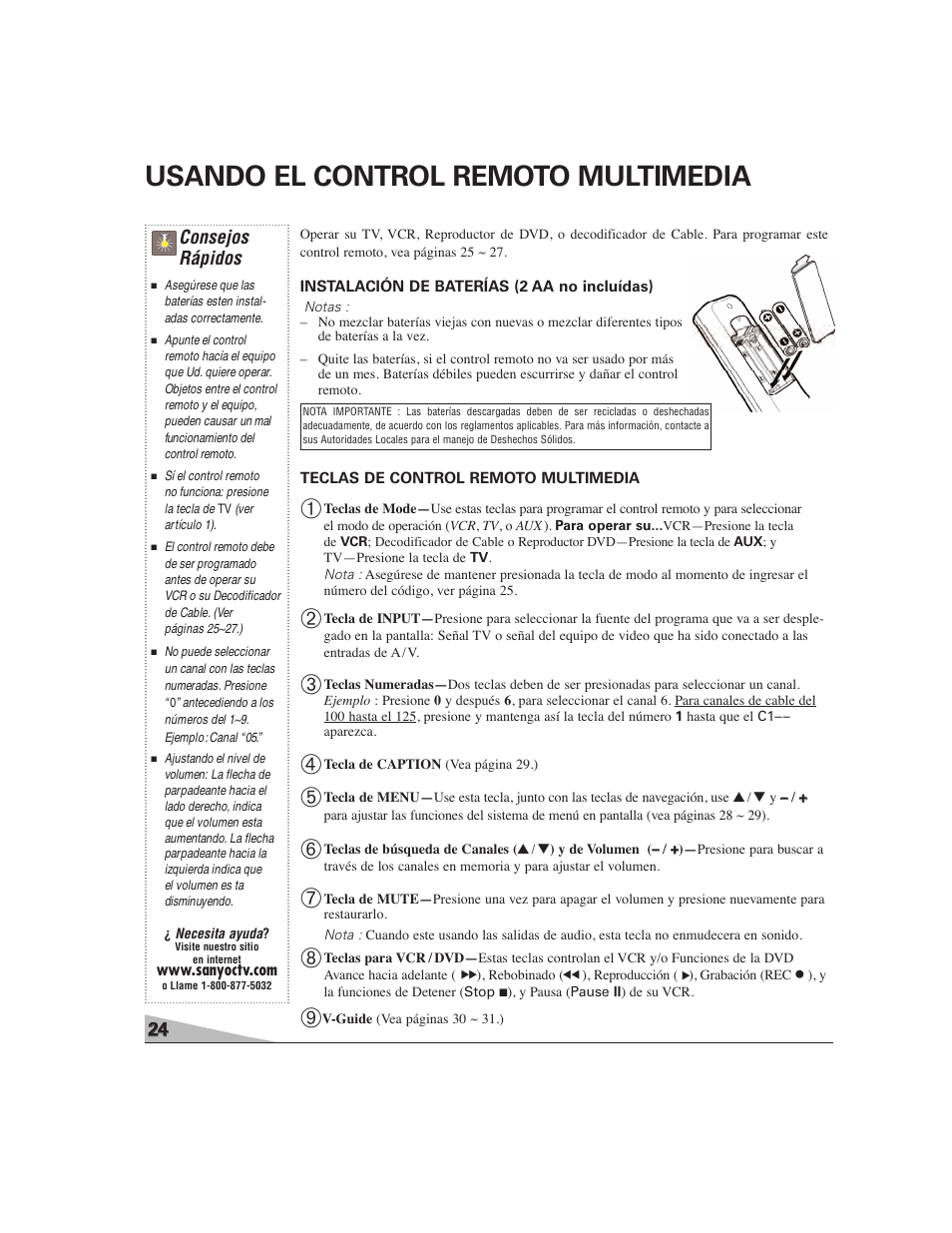 Usando el control remoto multimedia, Consejos rápidos | Sanyo DS27224 User Manual | Page 24 / 47