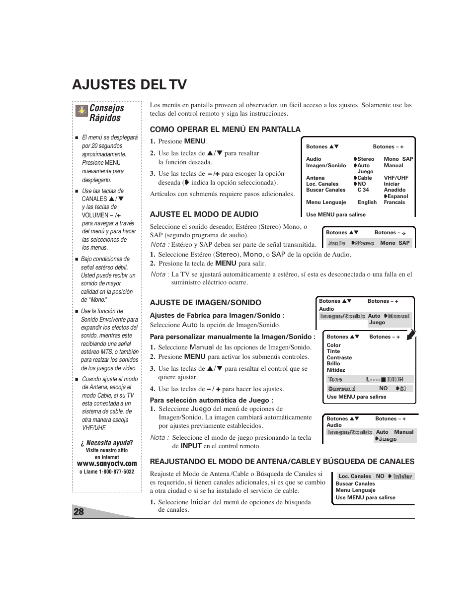 Ajustes del tv, Consejos rápidos, Como operar el menú en pantalla | Ajuste el modo de audio, Ajuste de imagen/sonido | Sanyo DS27224 User Manual | Page 28 / 47