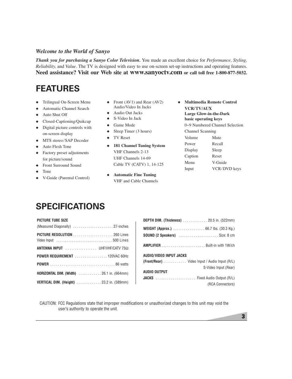 Features specifications, 3welcome to the world of sanyo, Need assistance? visit our web site at | Sanyo DS27224 User Manual | Page 3 / 47