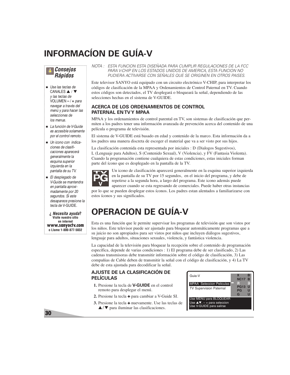 Informacíon de guía-v, Operacion de guía-v, Consejos rápidos | Sanyo DS27224 User Manual | Page 30 / 47