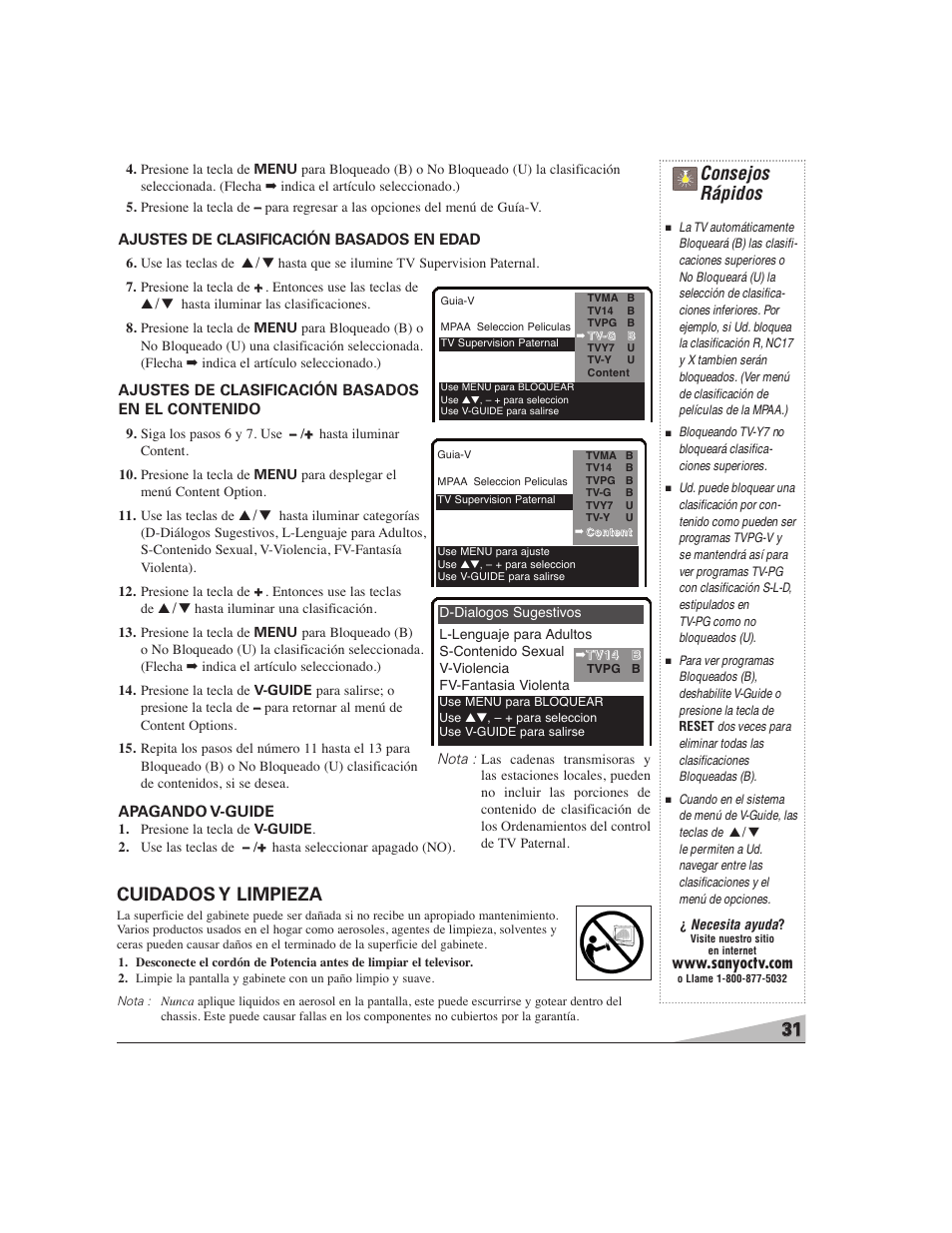 Consejos rápidos, Cuidados y limpieza | Sanyo DS27224 User Manual | Page 31 / 47