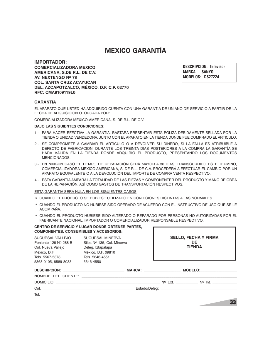 Mexico garantía | Sanyo DS27224 User Manual | Page 33 / 47