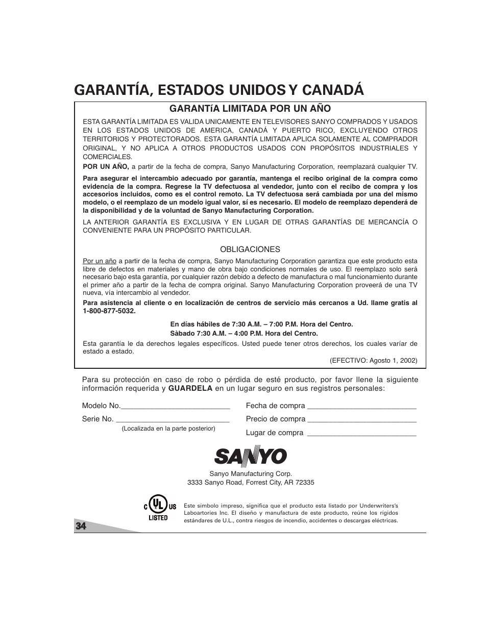 Garantía, estados unidos y canadá | Sanyo DS27224 User Manual | Page 34 / 47