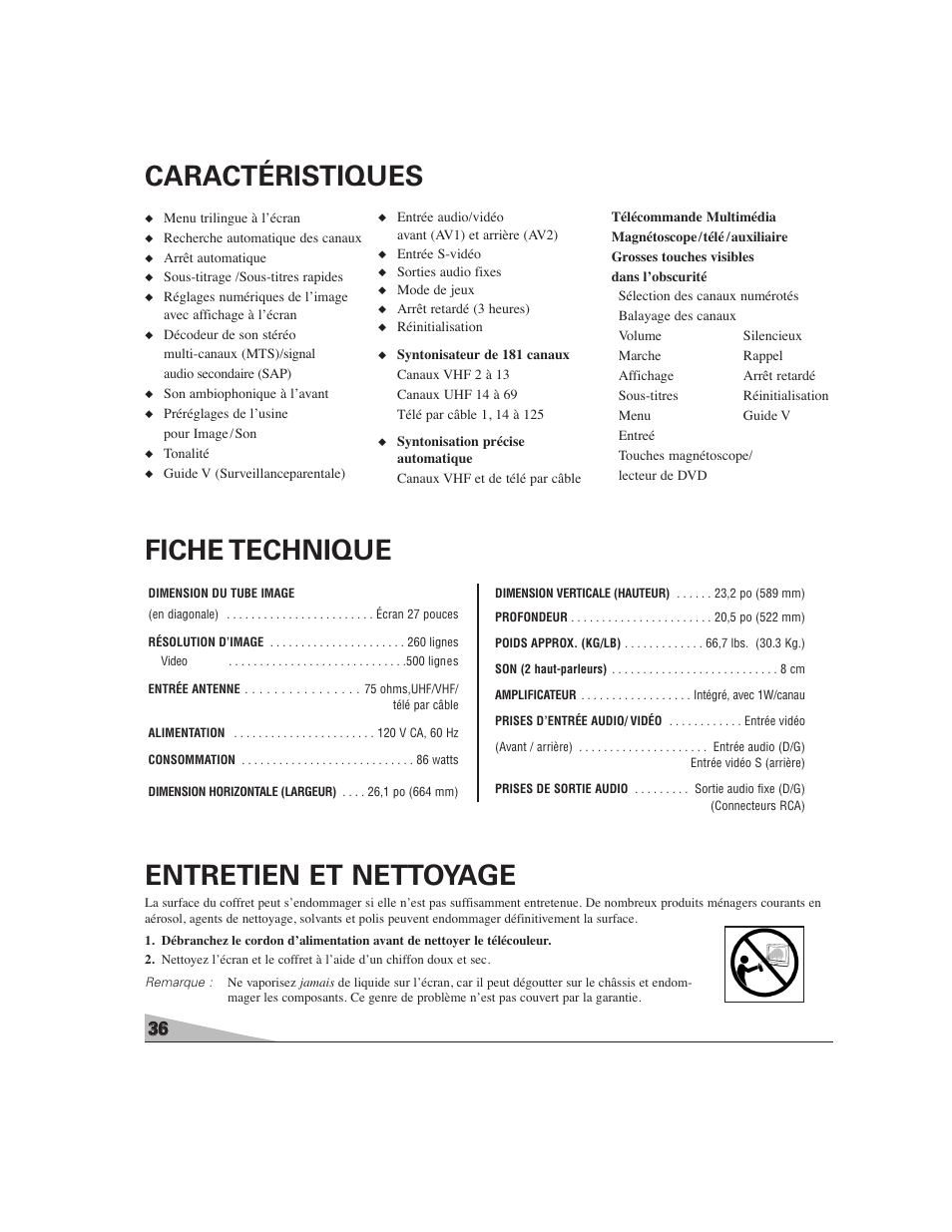 Caractéristiques, Fiche technique entretien et nettoyage | Sanyo DS27224 User Manual | Page 36 / 47