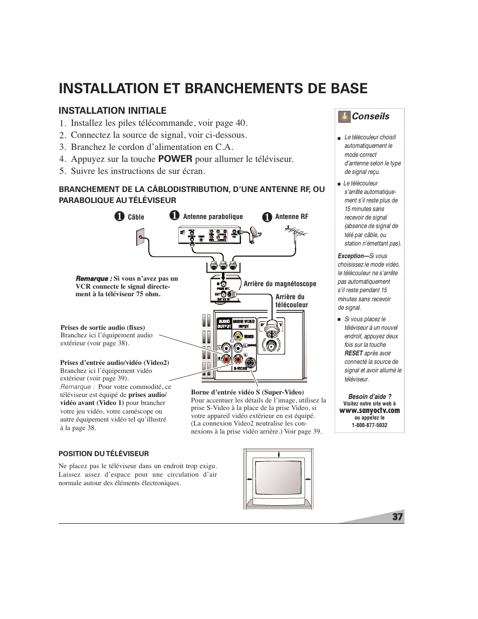 Installation et branchements de base, Conseils | Sanyo DS27224 User Manual | Page 37 / 47