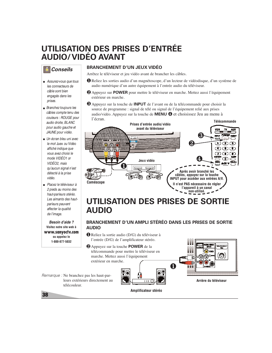 Utilisation des prises de sortie audio, Utilisation des prises d’entrée audio/ vidéo avant, Conseils | Sanyo DS27224 User Manual | Page 38 / 47