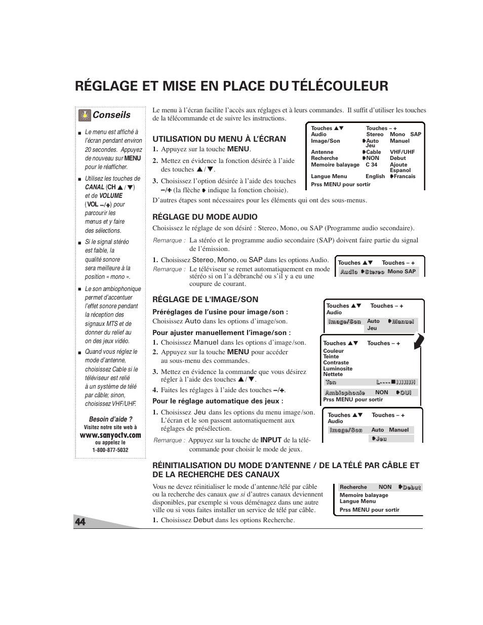 Réglage et mise en place du télécouleur, Conseils, Utilisation du menu à l’écran | Réglage du mode audio, Réglage de l'image/son | Sanyo DS27224 User Manual | Page 44 / 47