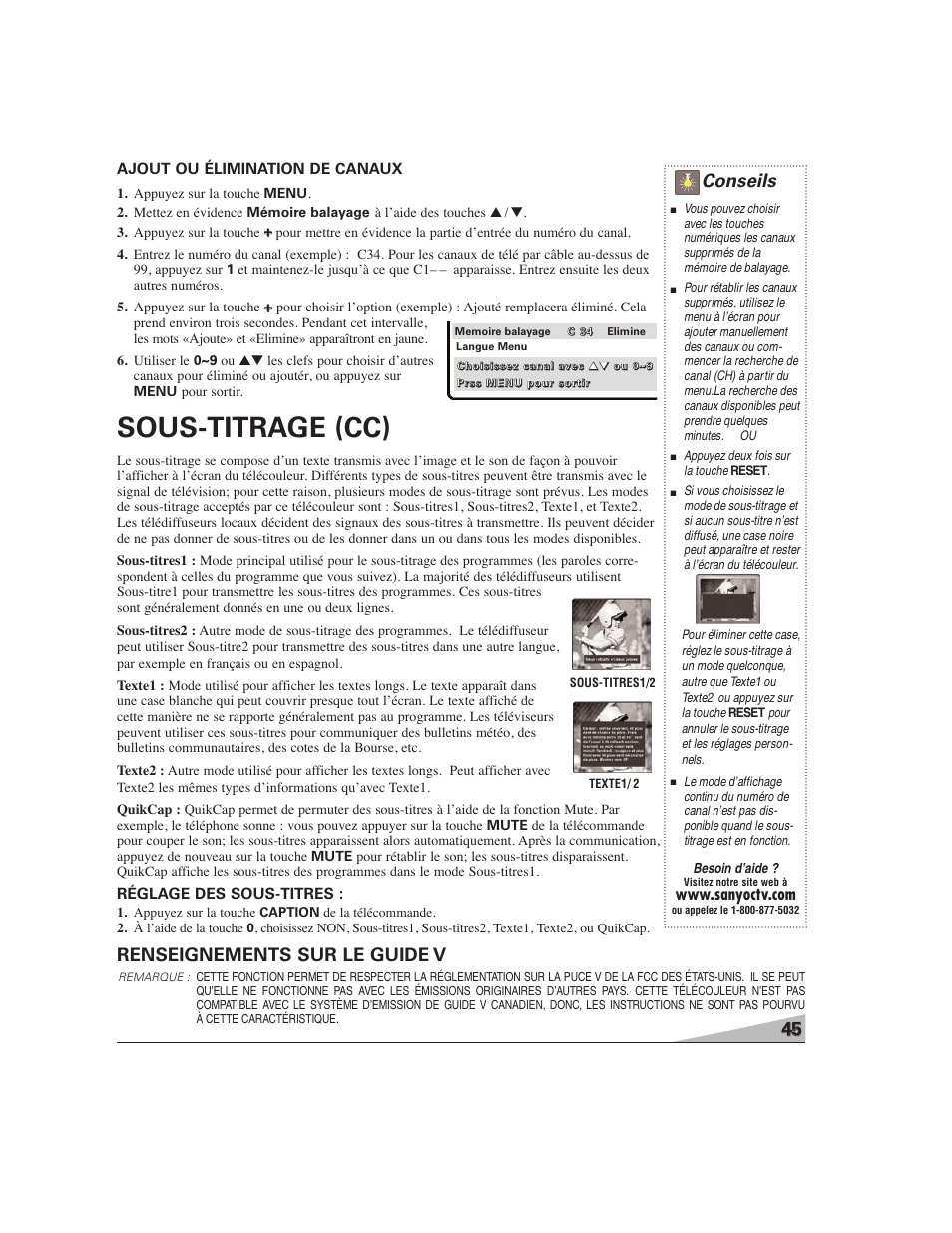 Sous-titrage (cc), Conseils, Renseignements sur le guide v | Ajout ou élimination de canaux, Réglage des sous-titres | Sanyo DS27224 User Manual | Page 45 / 47