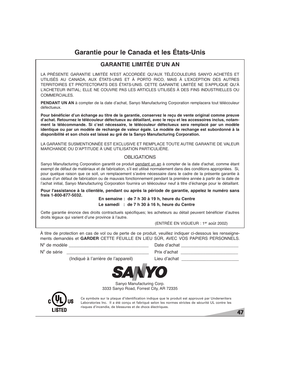 Garantie pour le canada et les états-unis | Sanyo DS27224 User Manual | Page 47 / 47