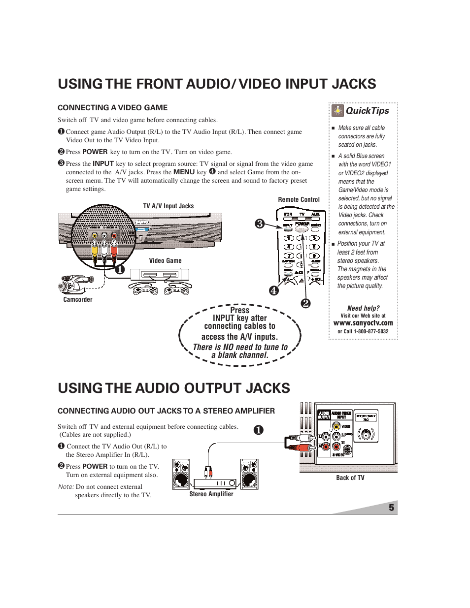 Using the front audio/ video input jacks, Using the audio output jacks | Sanyo DS27224 User Manual | Page 5 / 47