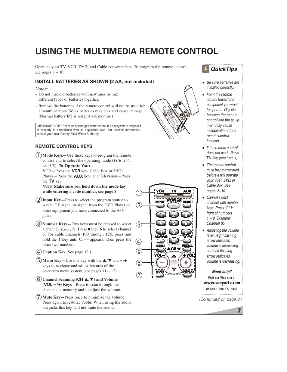 Using the multimedia remote control | Sanyo DS27224 User Manual | Page 7 / 47