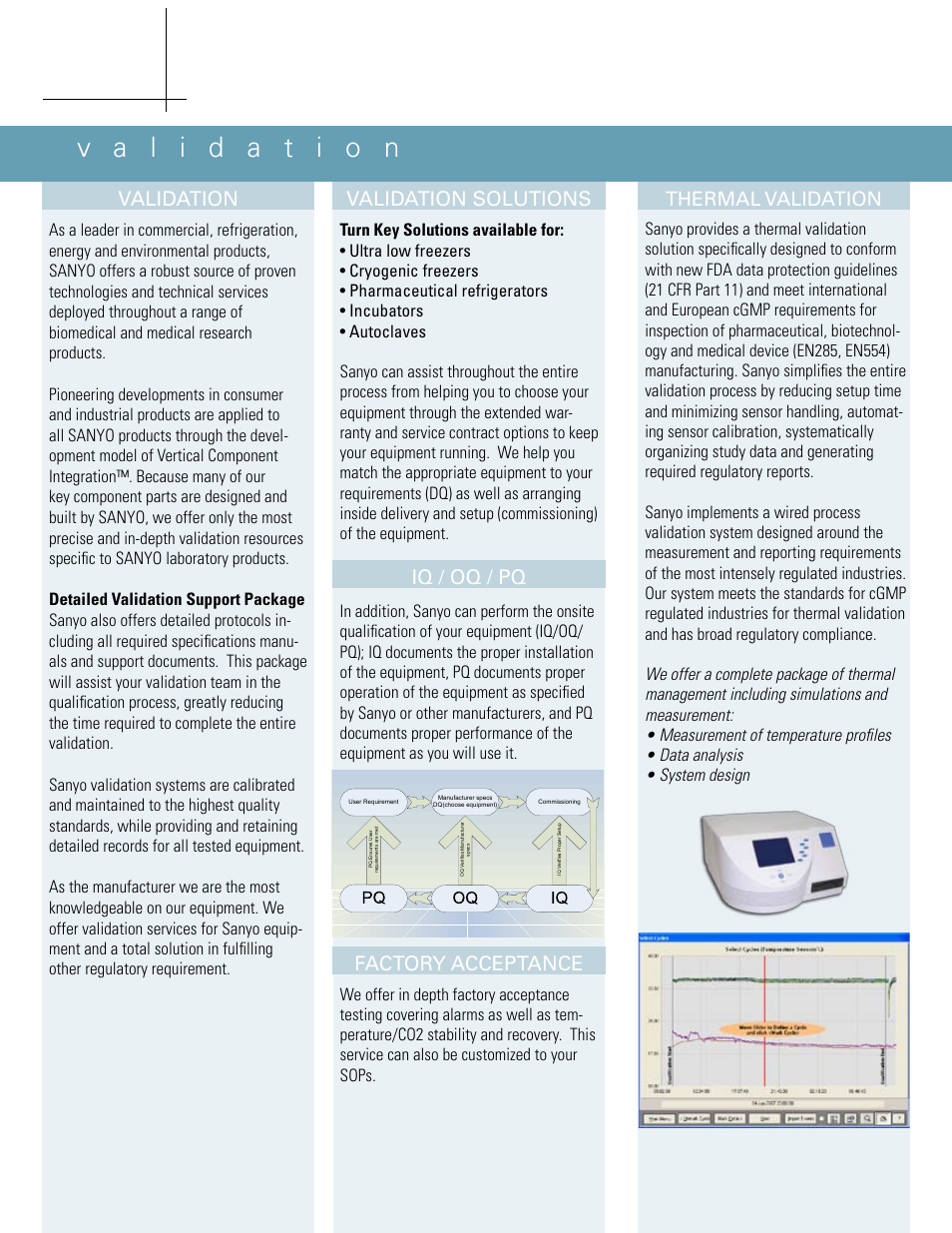 Validation, Validation solutions, Iq / oq / pq factory acceptance | Thermal validation | Sanyo Validation User Manual | Page 2 / 4