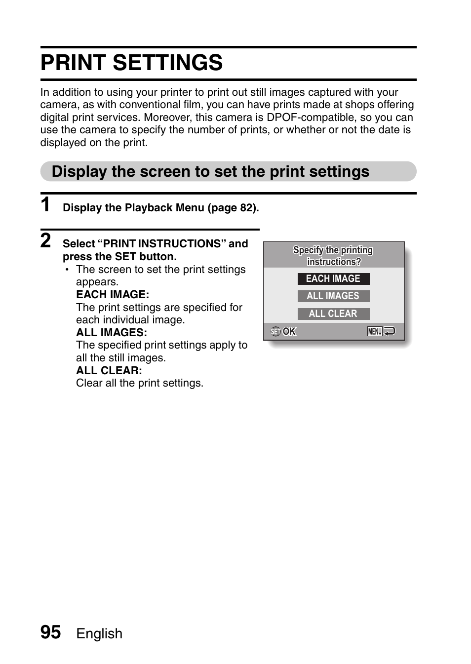 Print settings, Display the screen to set the print settings, English | Sanyo VPC-E10EX User Manual | Page 106 / 166