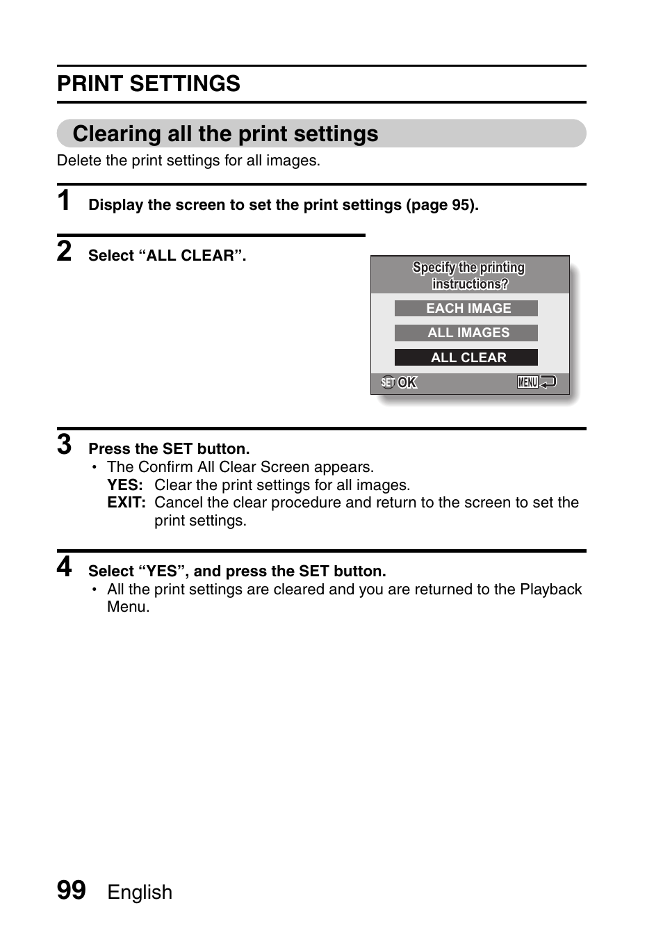 Print settings clearing all the print settings, English | Sanyo VPC-E10EX User Manual | Page 110 / 166