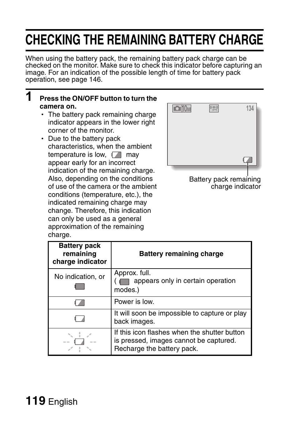 Checking the remaining battery charge, English | Sanyo VPC-E10EX User Manual | Page 130 / 166