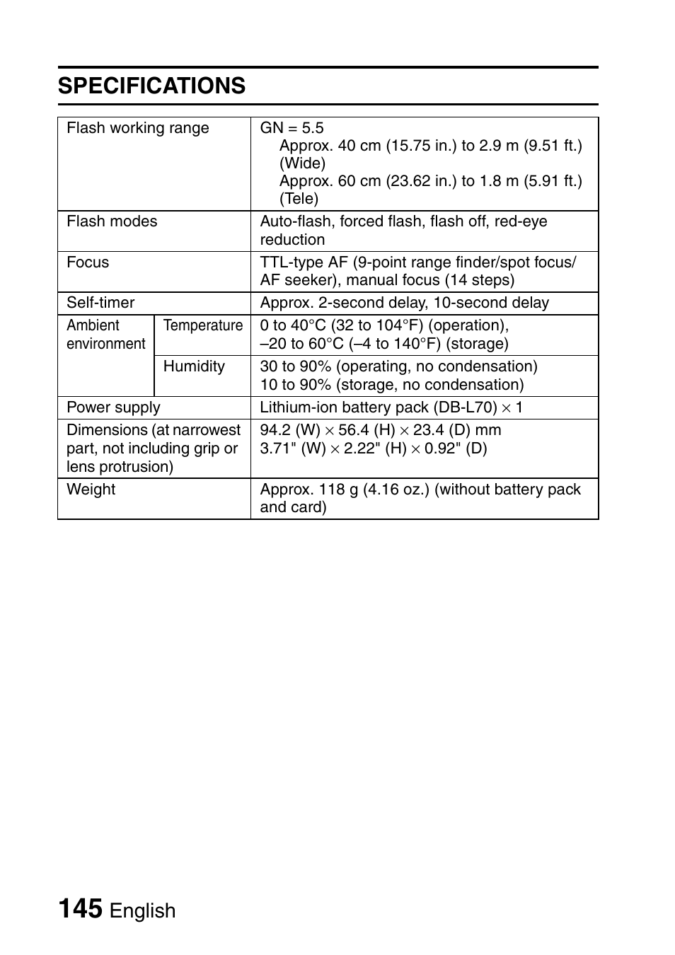 Specifications, English | Sanyo VPC-E10EX User Manual | Page 156 / 166