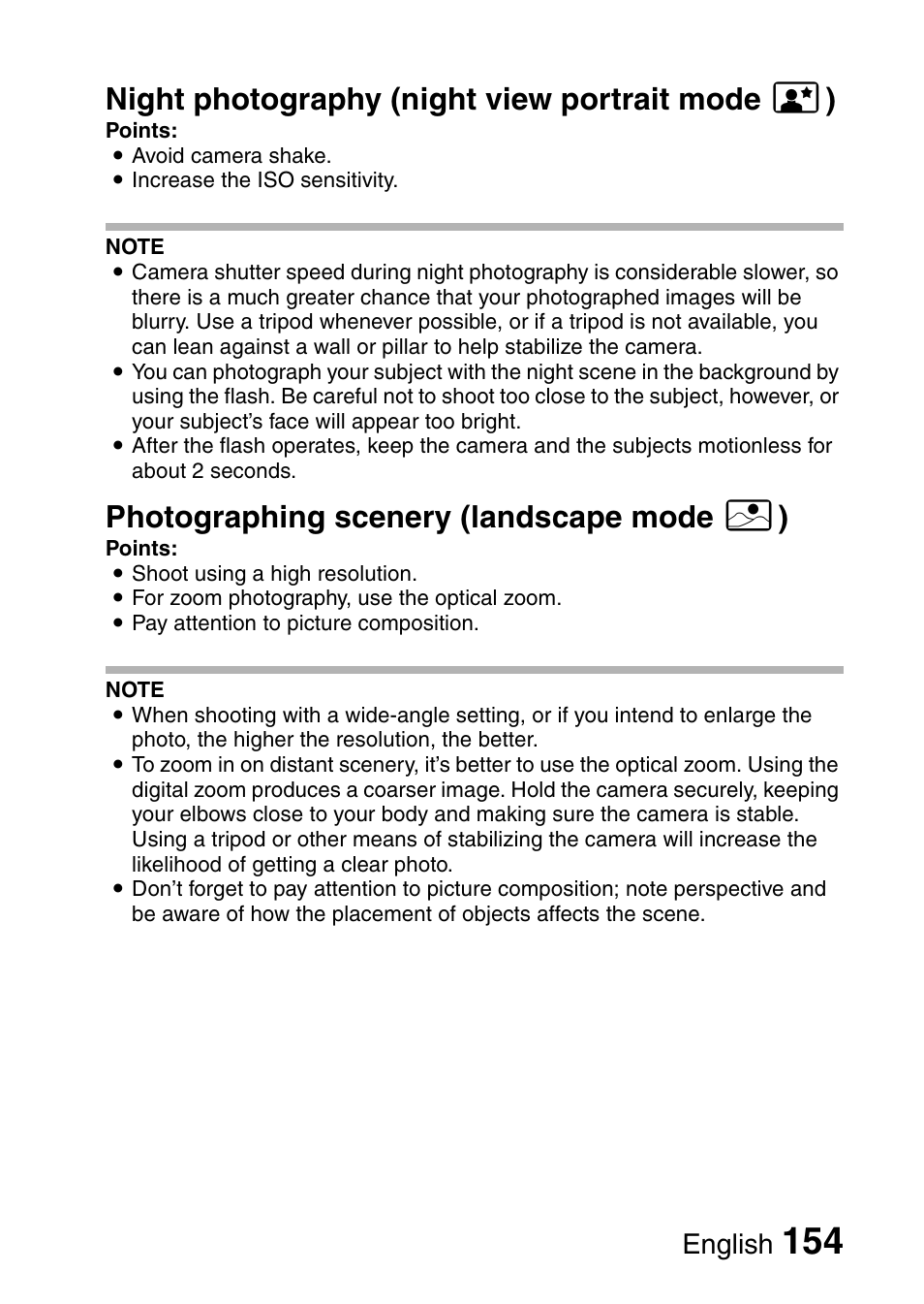 Night photography (night view portrait mode ] ), Photographing scenery (landscape mode \ ), English | Sanyo VPC-E10EX User Manual | Page 165 / 166