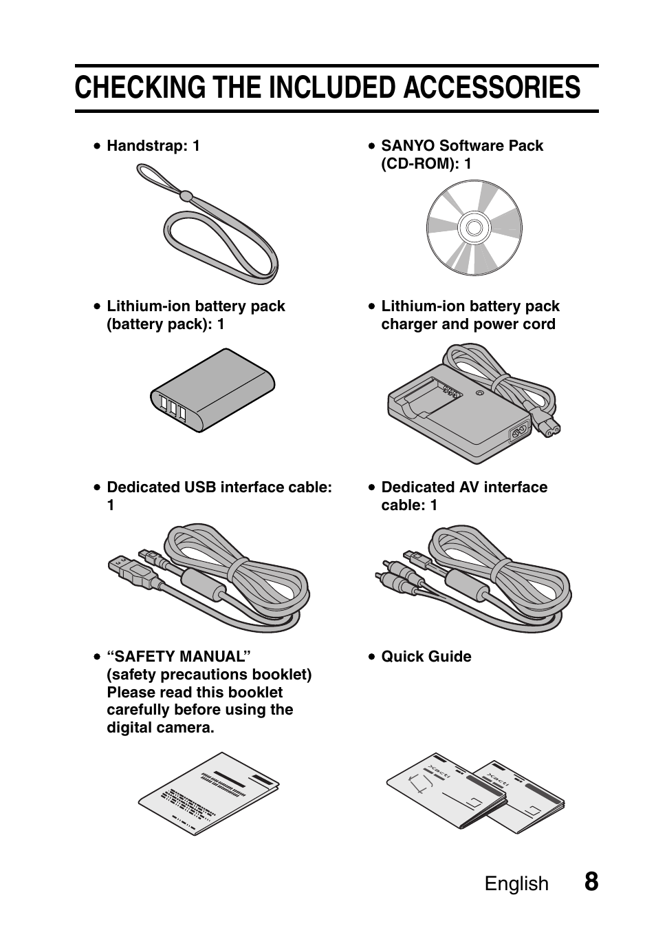 Checking the included accessories, English | Sanyo VPC-E10EX User Manual | Page 19 / 166