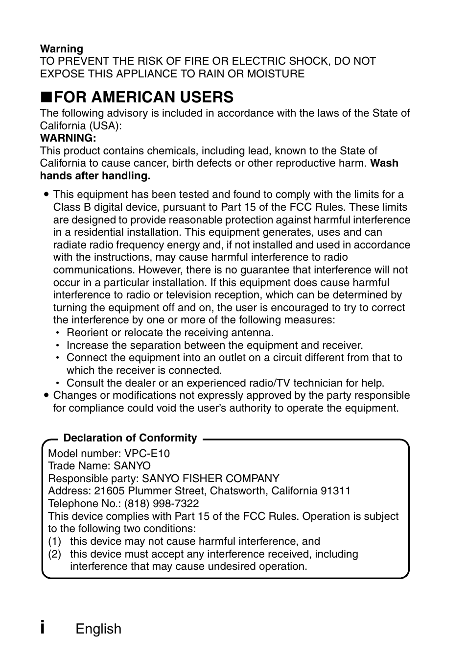 K for american users, English | Sanyo VPC-E10EX User Manual | Page 2 / 166