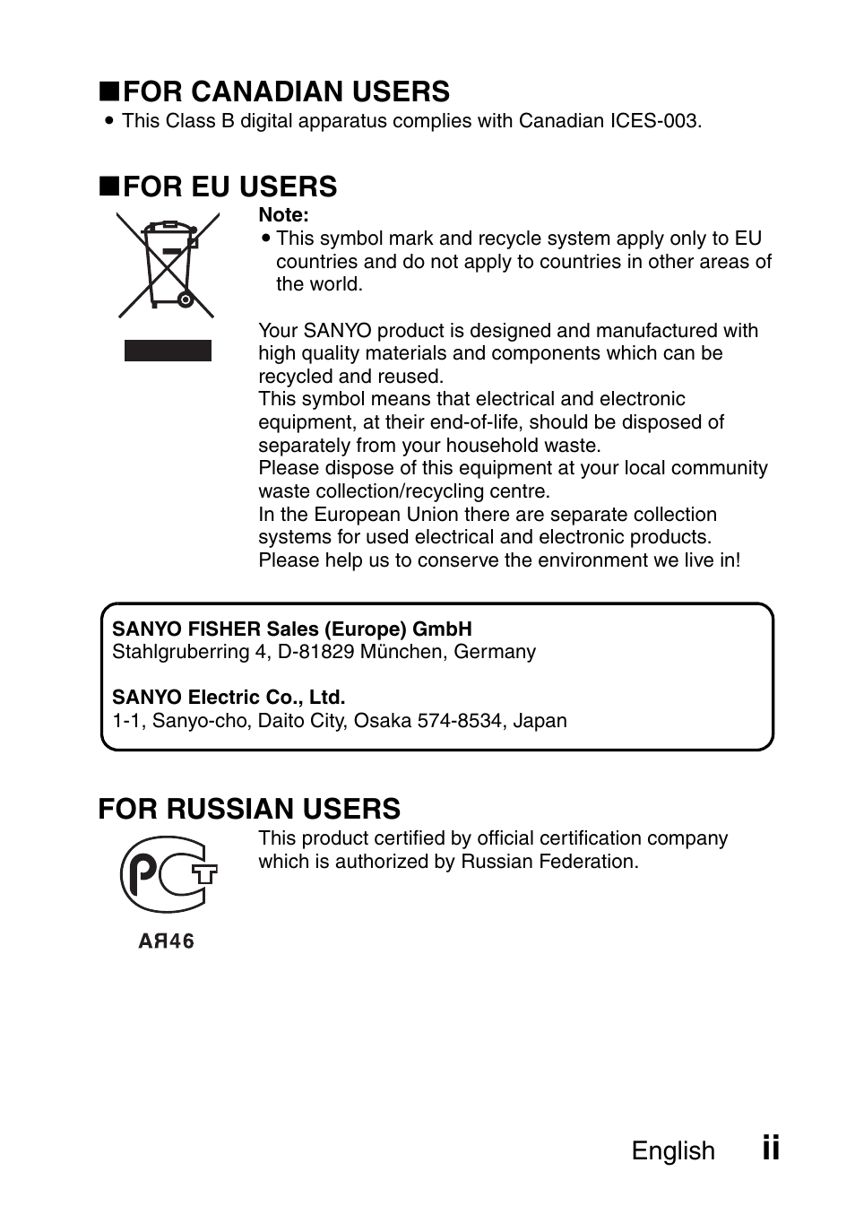 K for canadian users, K for eu users, For russian users | Sanyo VPC-E10EX User Manual | Page 3 / 166