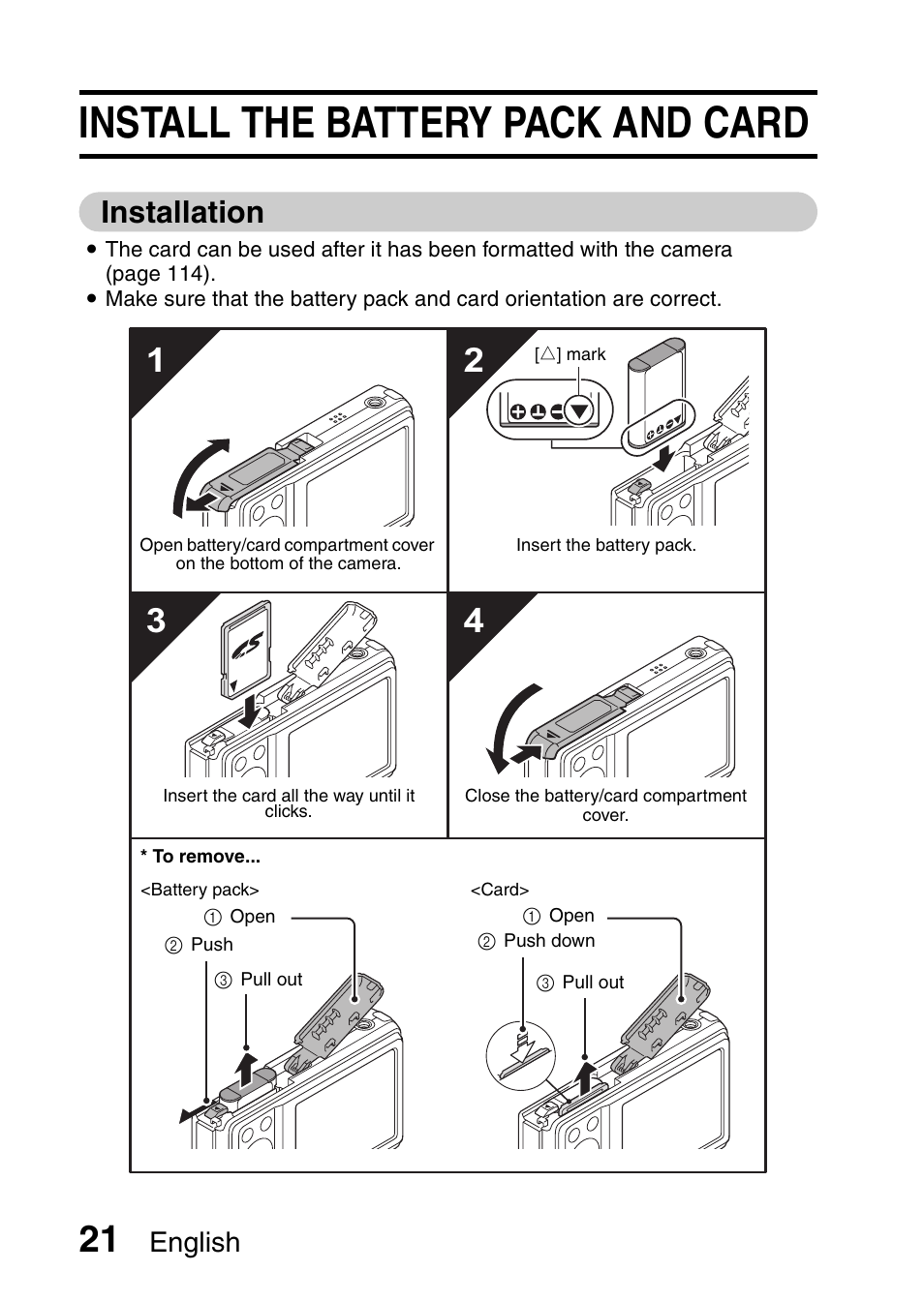 Install the battery pack and card, Installation, English | Sanyo VPC-E10EX User Manual | Page 32 / 166