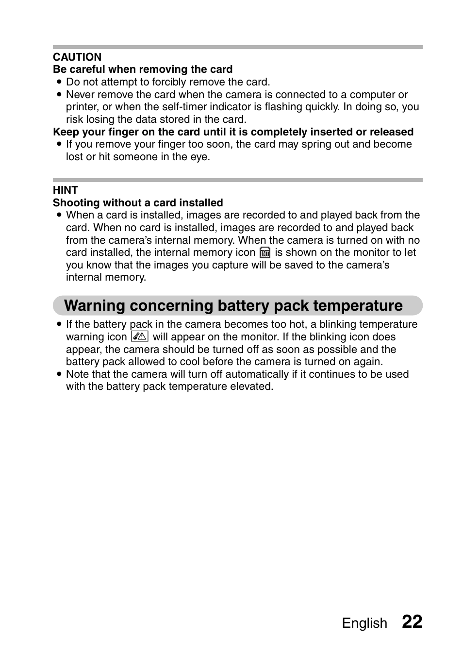 Warning concerning battery pack temperature, English | Sanyo VPC-E10EX User Manual | Page 33 / 166