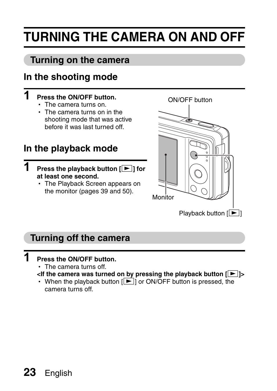 Turning the camera on and off | Sanyo VPC-E10EX User Manual | Page 34 / 166