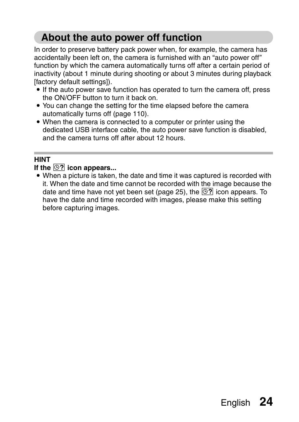 About the auto power off function, English | Sanyo VPC-E10EX User Manual | Page 35 / 166