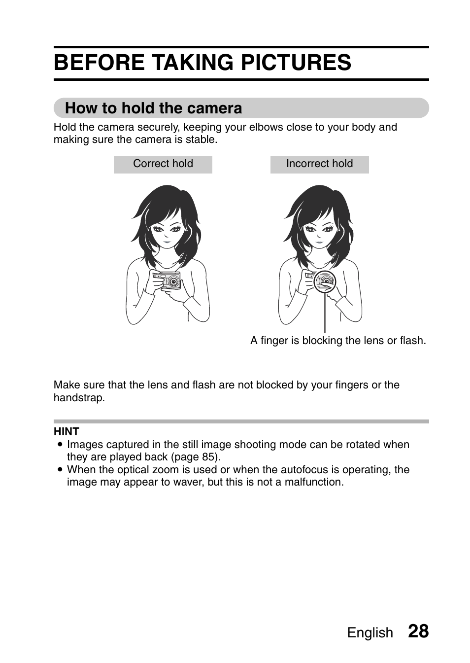 Before taking pictures, How to hold the camera, English | Sanyo VPC-E10EX User Manual | Page 39 / 166