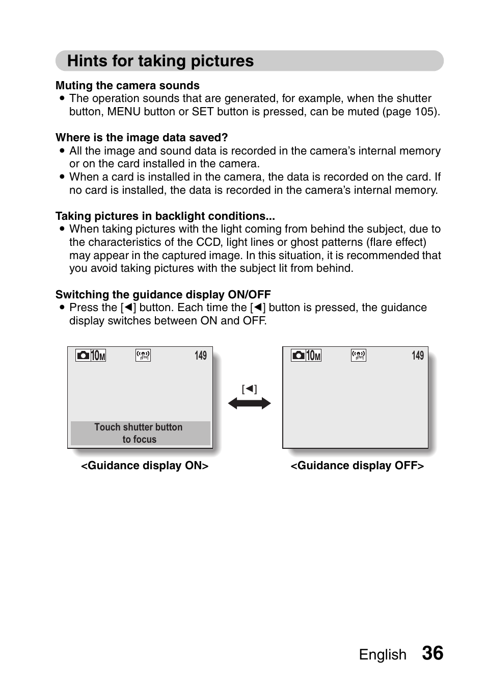 Hints for taking pictures, English | Sanyo VPC-E10EX User Manual | Page 47 / 166