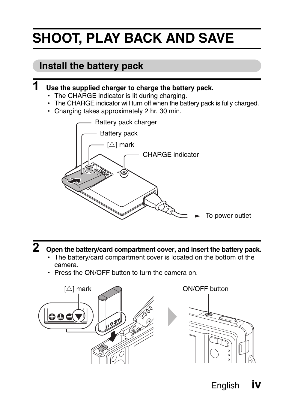 Shoot, play back and save, Install the battery pack | Sanyo VPC-E10EX User Manual | Page 5 / 166