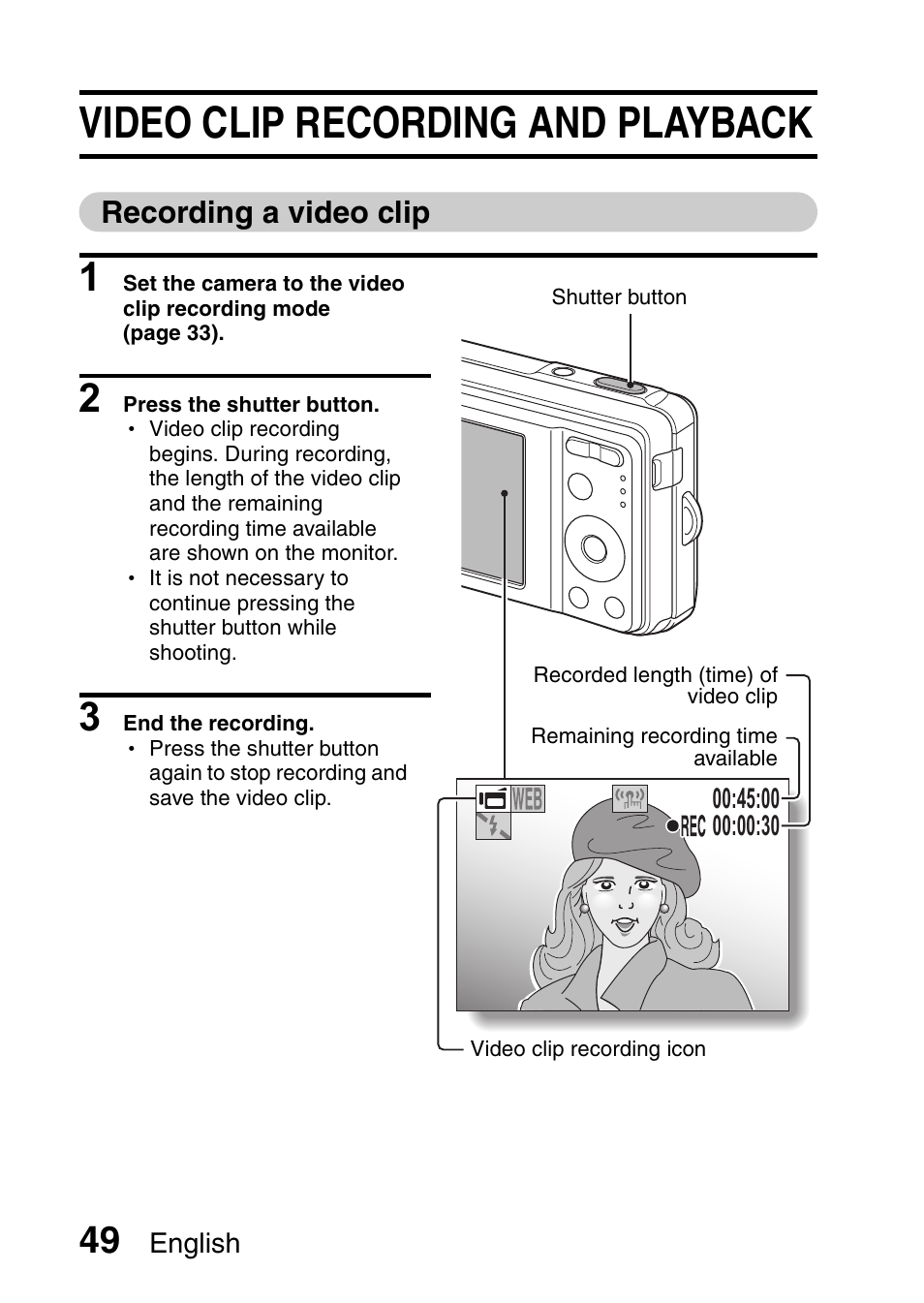 Video clip recording and playback | Sanyo VPC-E10EX User Manual | Page 60 / 166