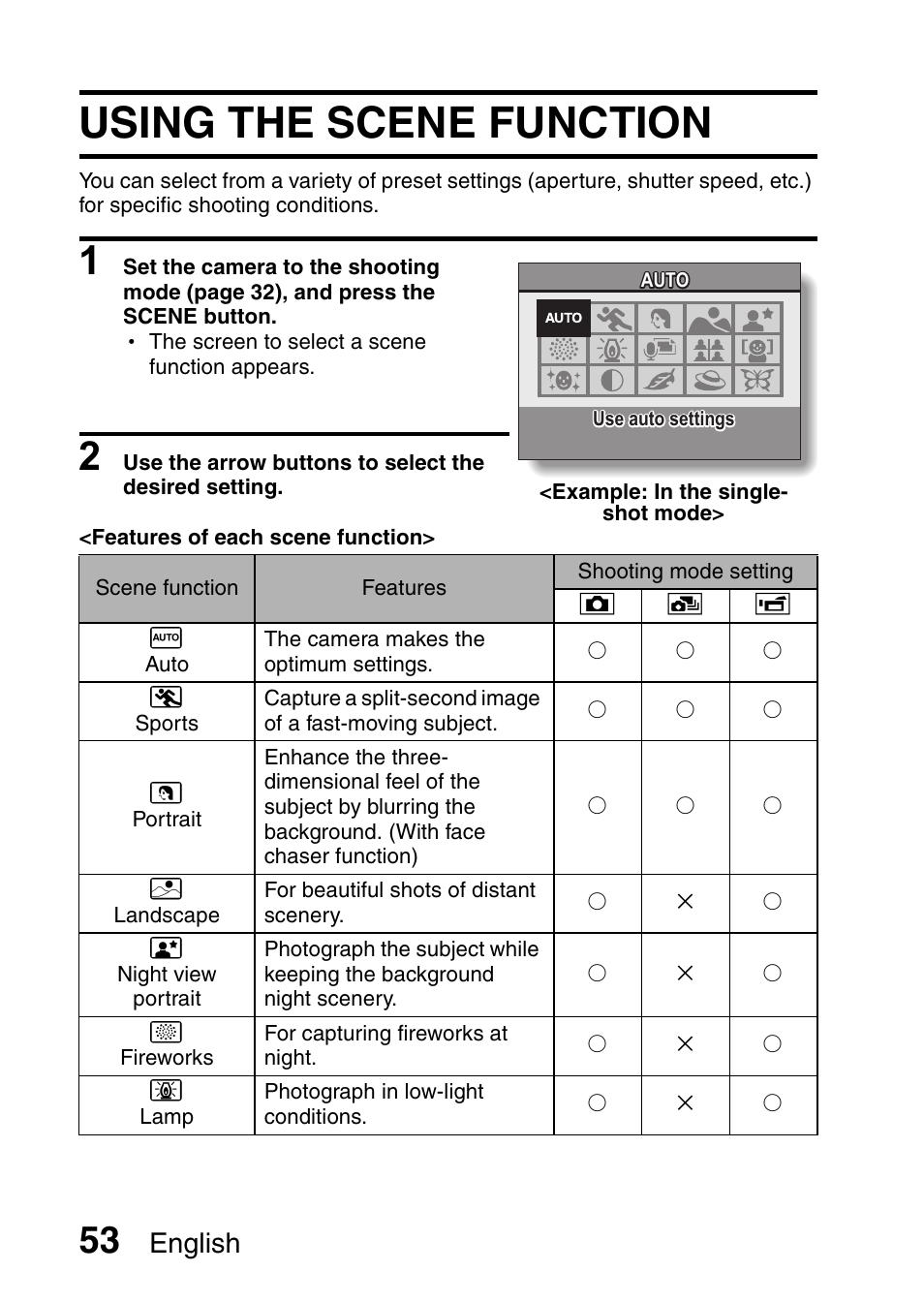 Using the scene function, English | Sanyo VPC-E10EX User Manual | Page 64 / 166