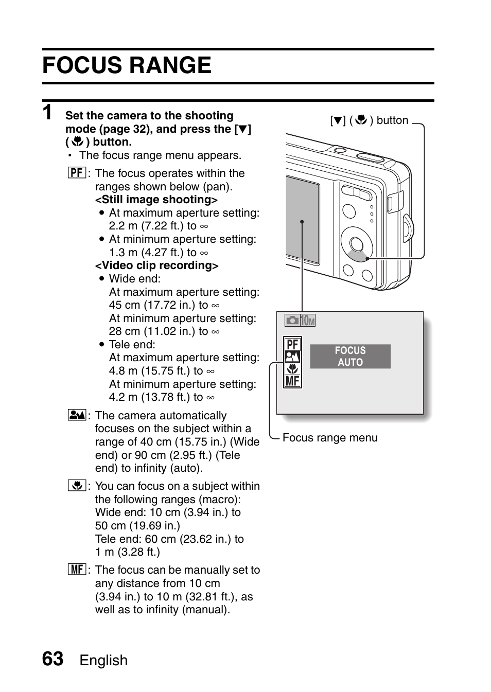 Focus range, English | Sanyo VPC-E10EX User Manual | Page 74 / 166