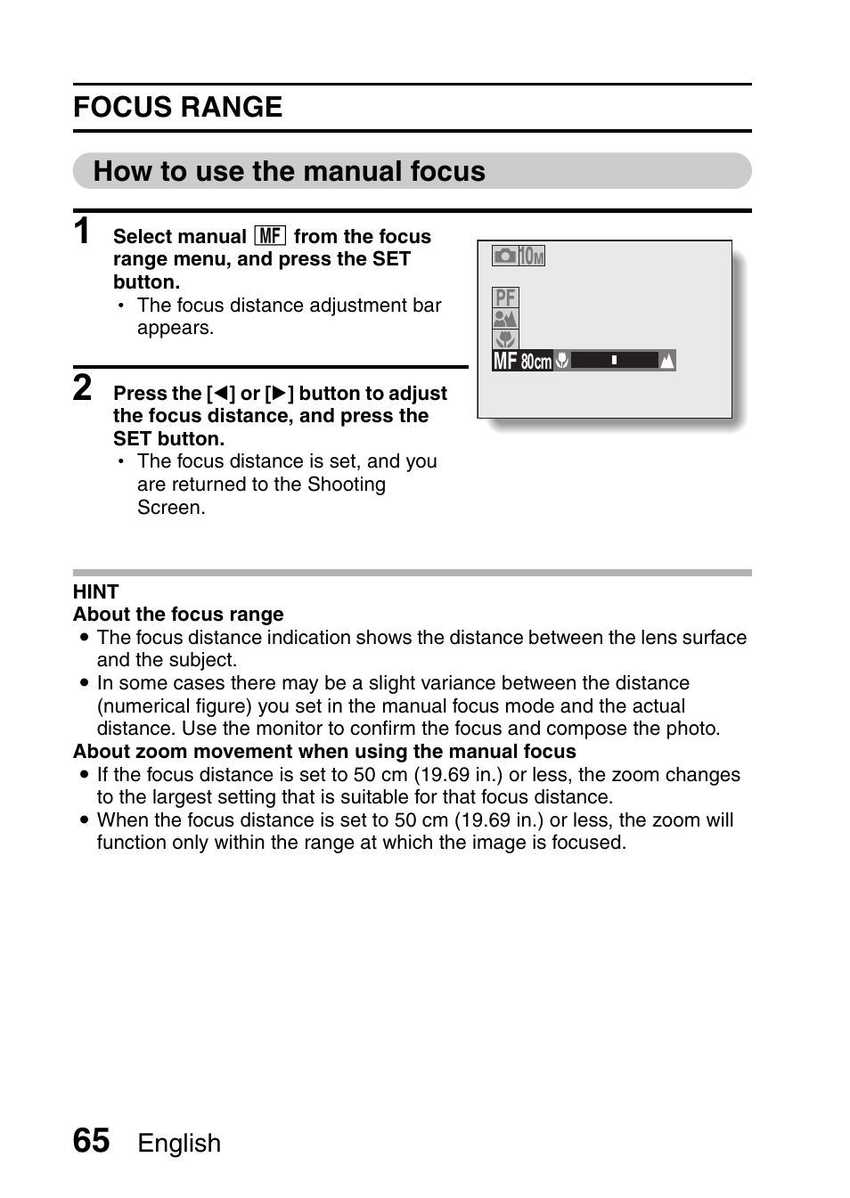 Focus range how to use the manual focus | Sanyo VPC-E10EX User Manual | Page 76 / 166