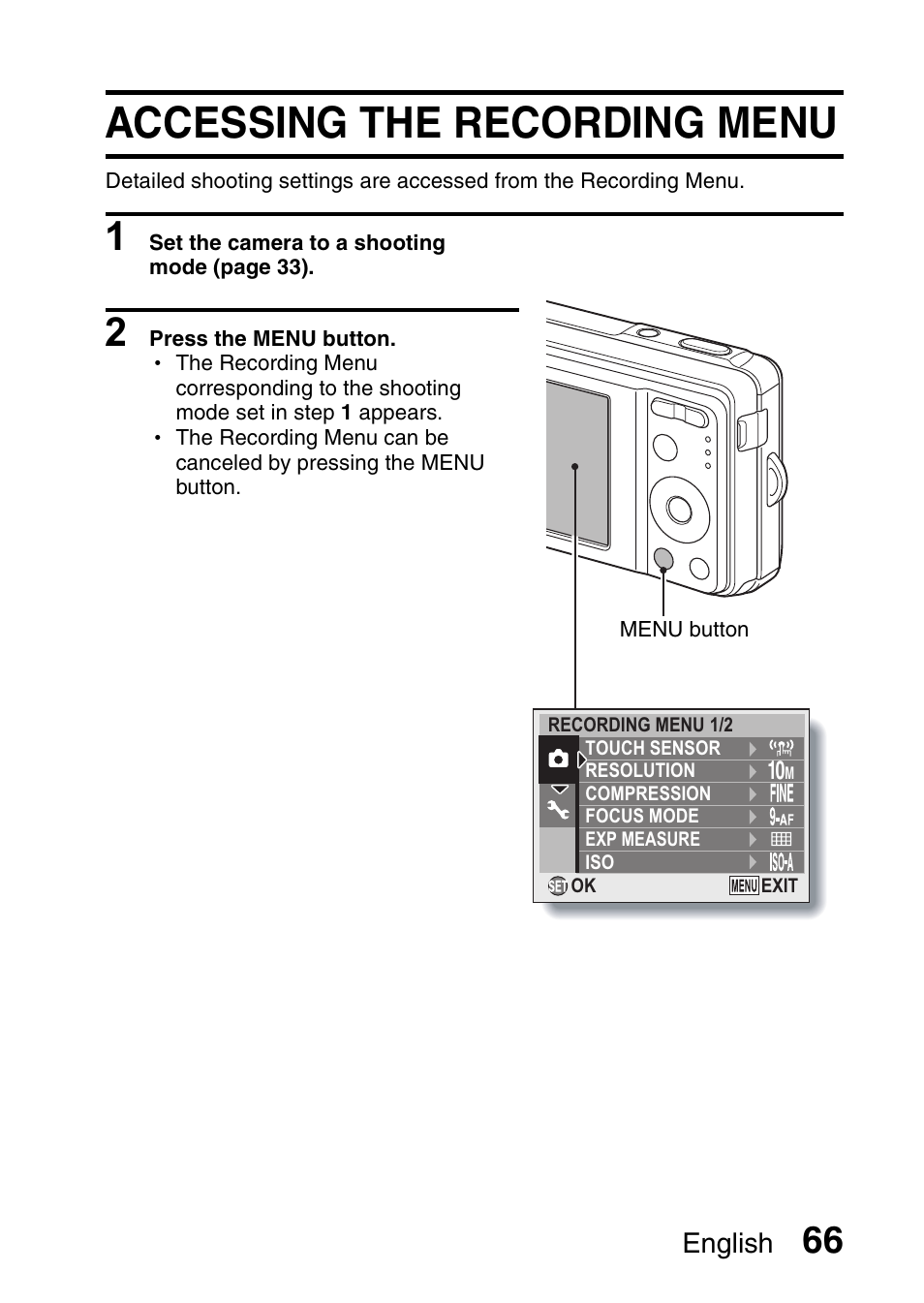 Accessing the recording menu, English | Sanyo VPC-E10EX User Manual | Page 77 / 166