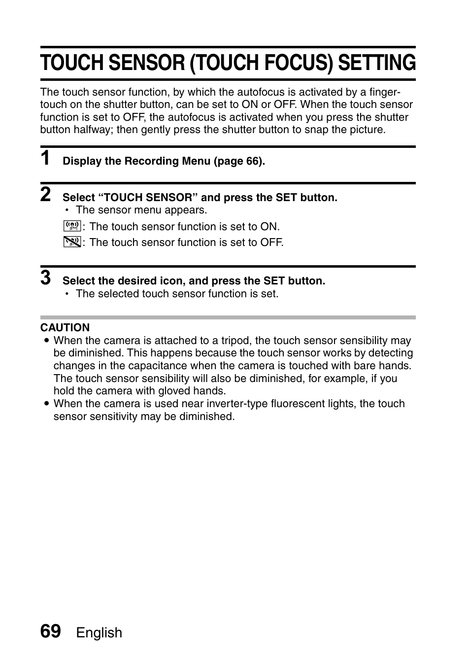 Touch sensor (touch focus) setting | Sanyo VPC-E10EX User Manual | Page 80 / 166