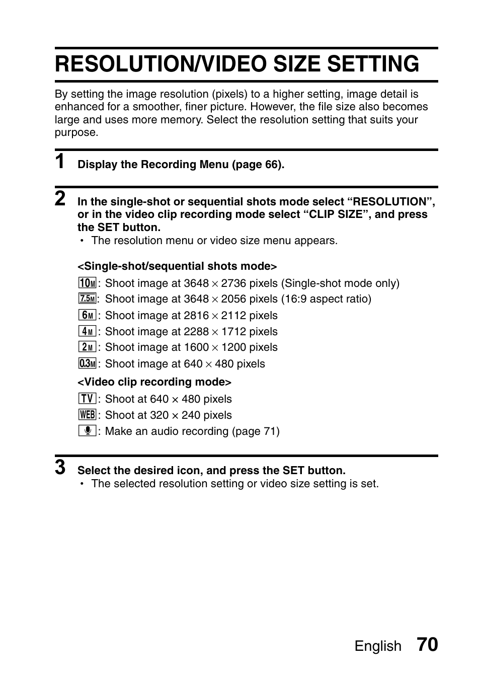 Resolution/video size setting | Sanyo VPC-E10EX User Manual | Page 81 / 166