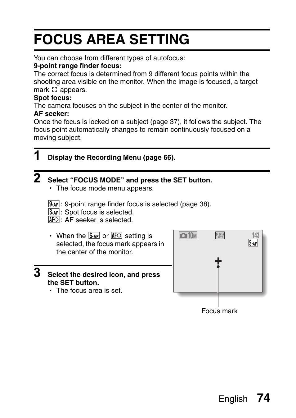 Focus area setting | Sanyo VPC-E10EX User Manual | Page 85 / 166