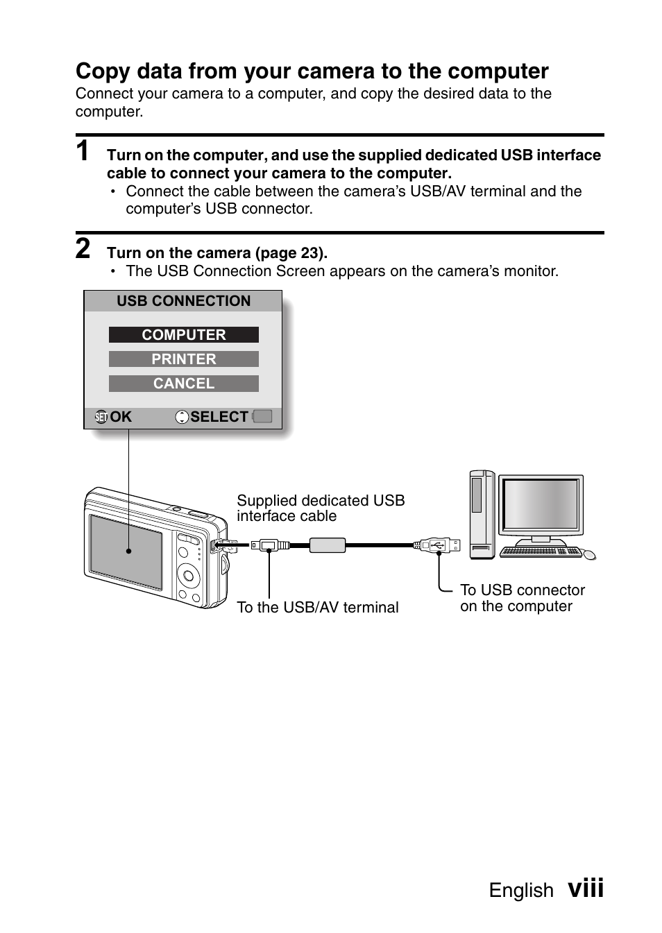 Viii, Copy data from your camera to the computer, English | Sanyo VPC-E10EX User Manual | Page 9 / 166