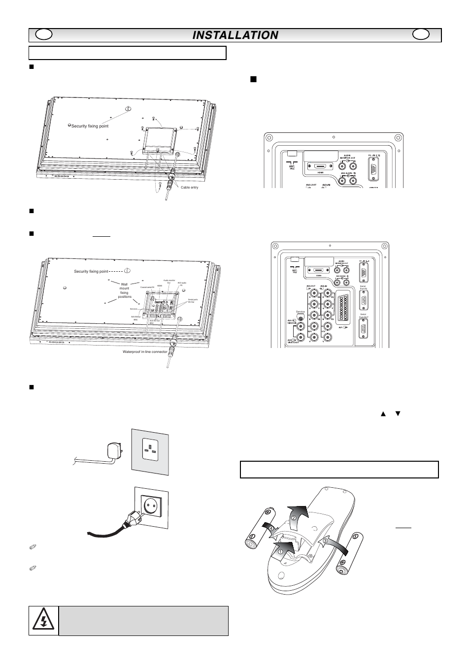 Inst, Inst alla alla tion tion, Step : 1 connections (essential) | Warning! this remote control is not waterproof, Step : 2 remote control battery installation, ■ hdmi (high definition multimedia interface), Y,pb,pr connection (av2), Pc connection | Sanyo CE32LM4WPR-E User Manual | Page 4 / 15