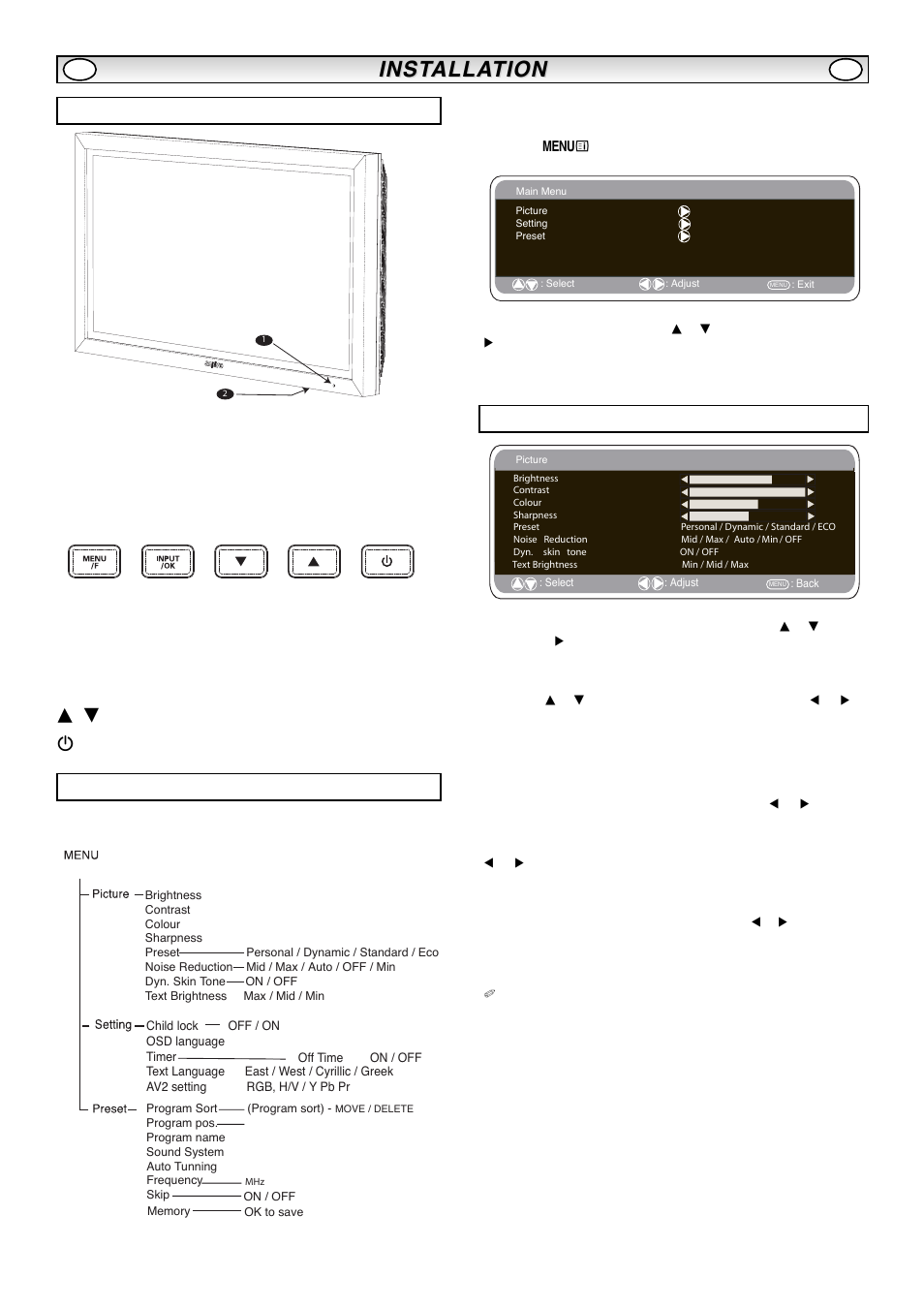 Inst, Inst alla alla tion tion, Terminals | Picture menu, Menu operation | Sanyo CE32LM4WPR-E User Manual | Page 5 / 15
