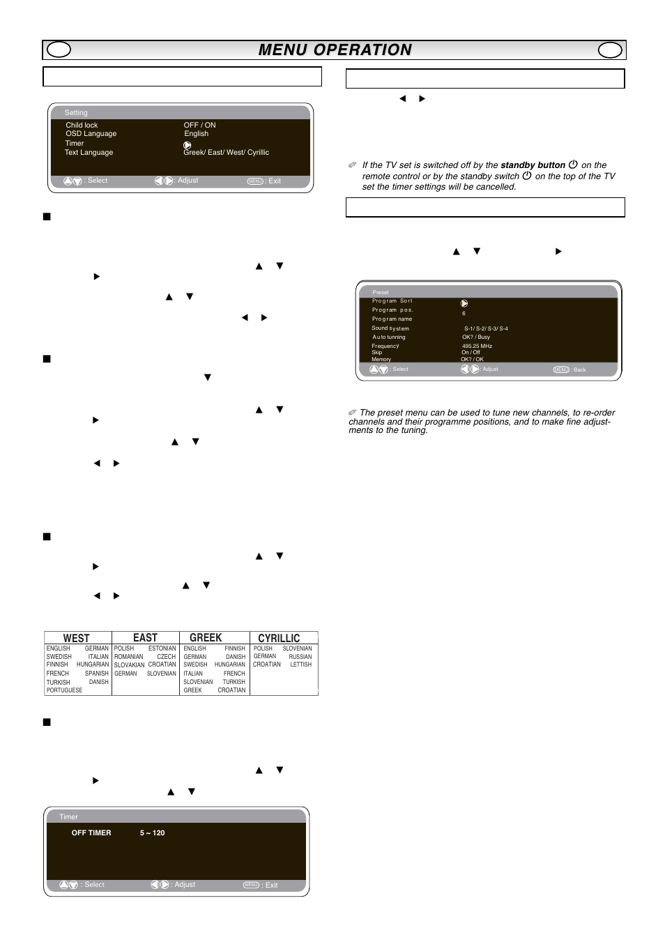 Menu opera, Menu opera tion tion, Preset menu | Setting menu, Child lock, Av2 setting, Text language, Off-timer setting, Ts e w, Ts a e | Sanyo CE32LM4WPR-E User Manual | Page 7 / 15