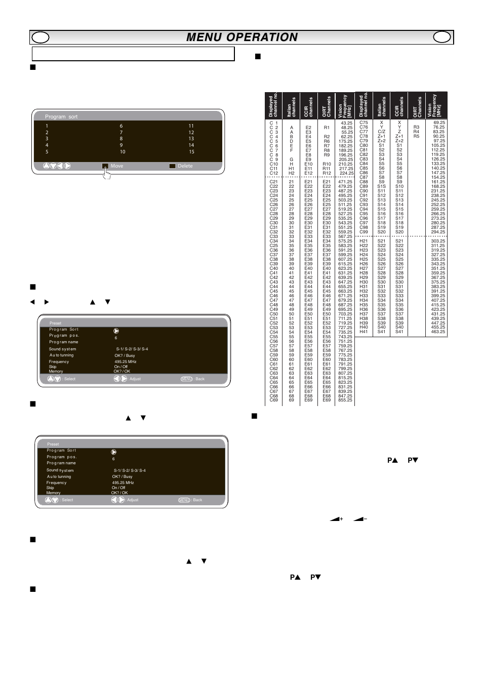 Menu opera, Menu opera tion tion, Preset menu | Channel table, Program sort, Program name, Auto tuning, Skip, Frequency | Sanyo CE32LM4WPR-E User Manual | Page 8 / 15