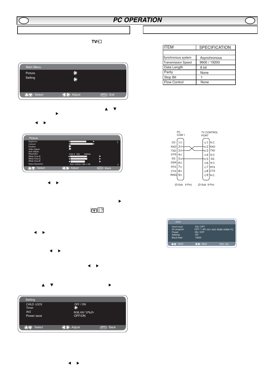 Pc operation, Pc menu settings, Rs232c settings | Sanyo CE32LM4WPR-E User Manual | Page 9 / 15